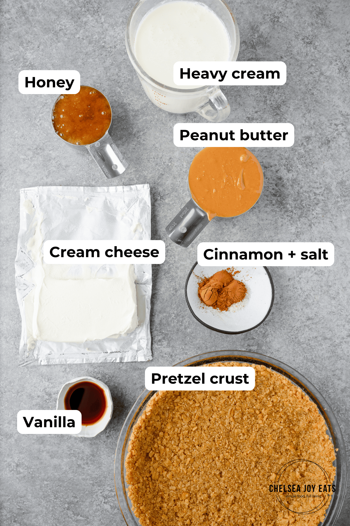 Ingredients for no bake peanut butter pretzel pie with text labels
