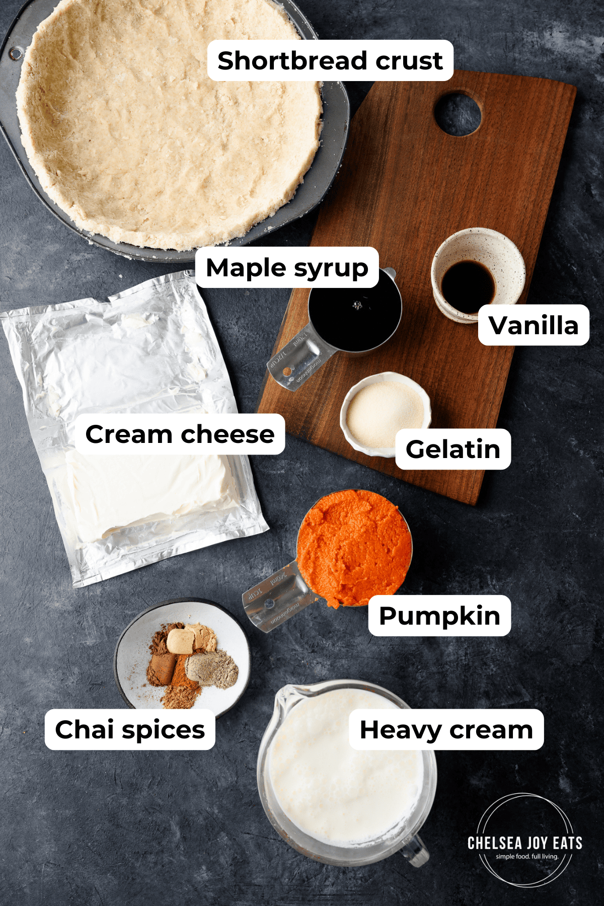 Ingredients for gluten free no bake pumpkin chai pie with labels