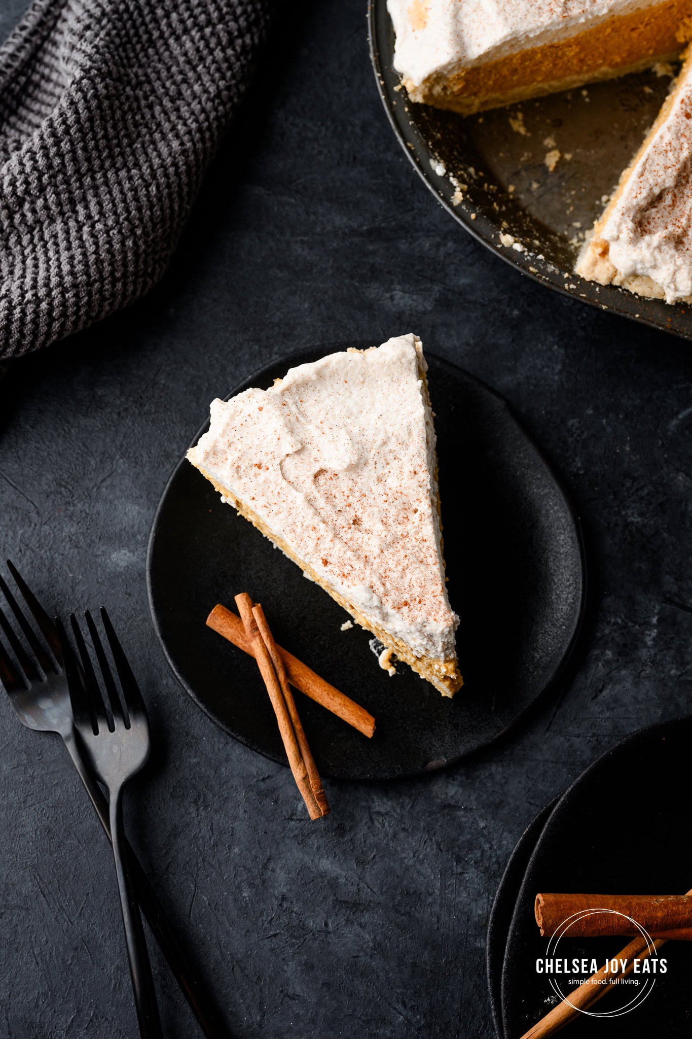 Overhead view of a slice of pumpkin chai no bake pie