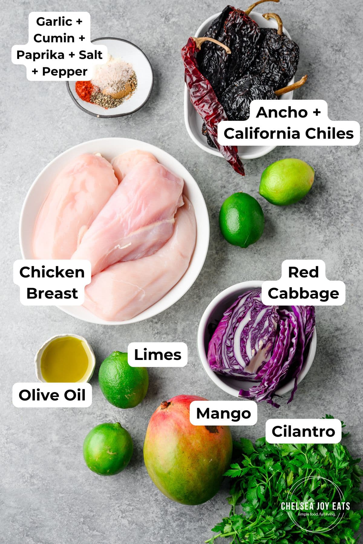 Ingredients for Ancho Chicken Tacos with labels