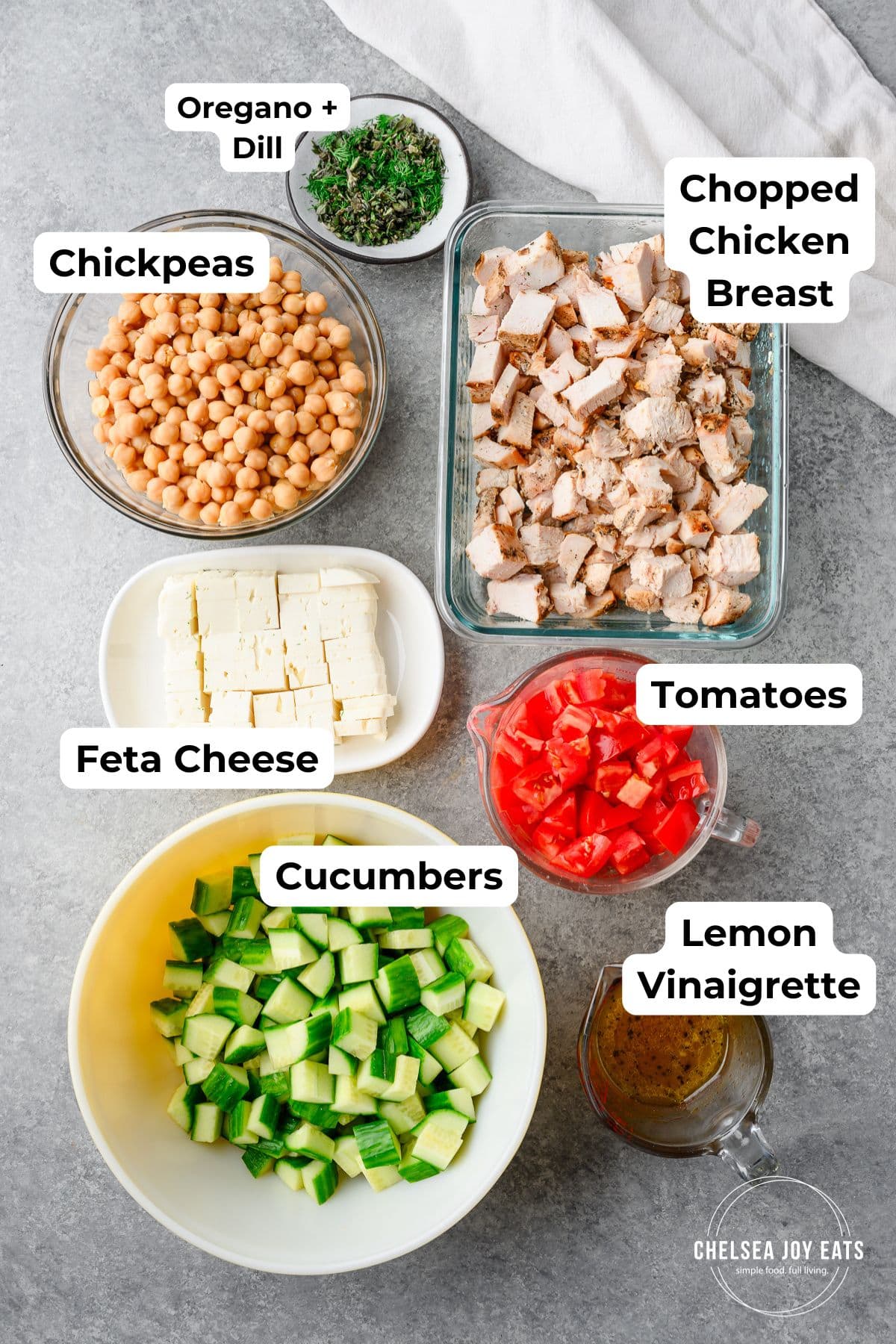 Ingredients for Feta Greek Salad Bowls with text labels