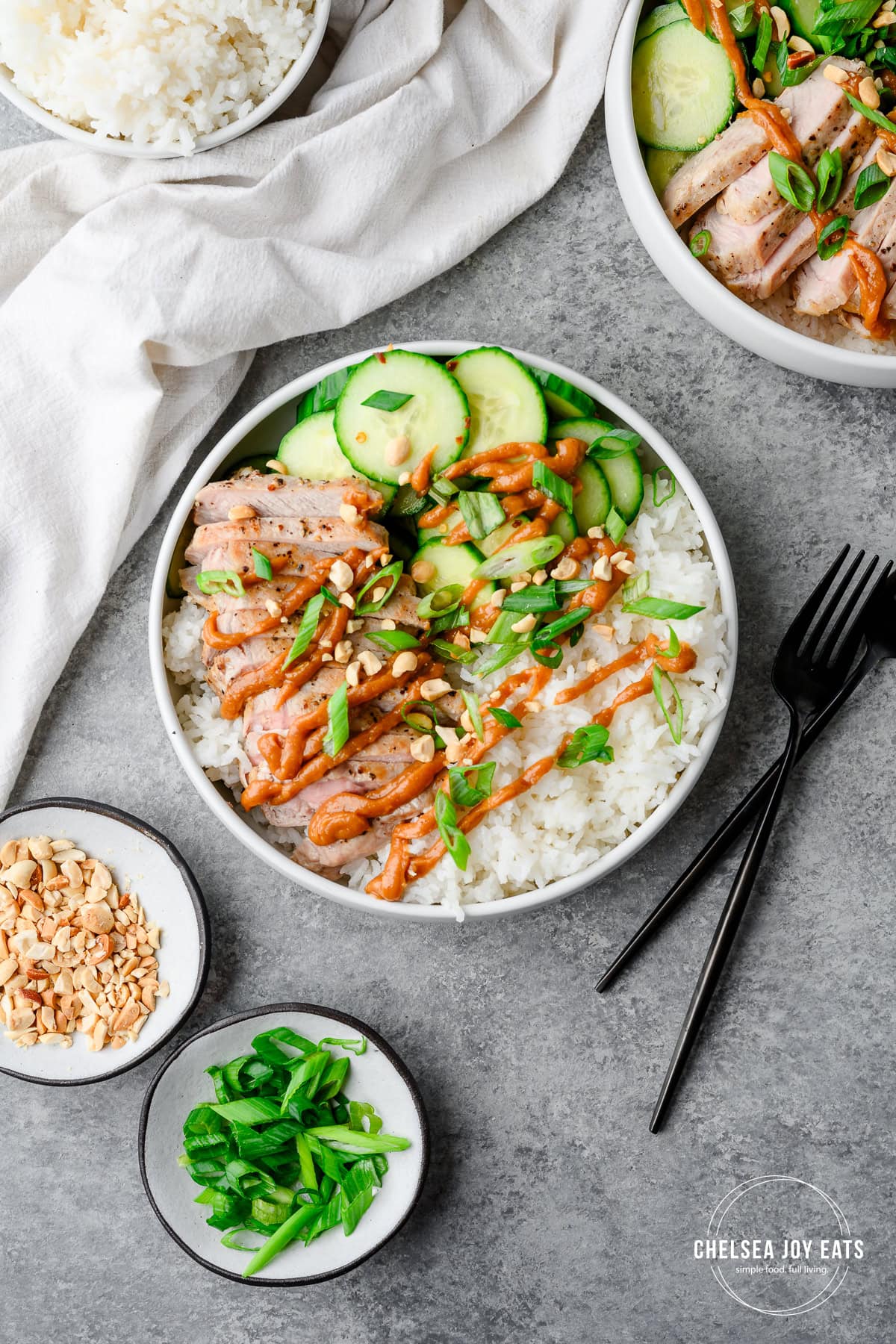 Overhead view of pork and rice bowls with cucumber and peanut sauce, with scallions and peanuts alongside.