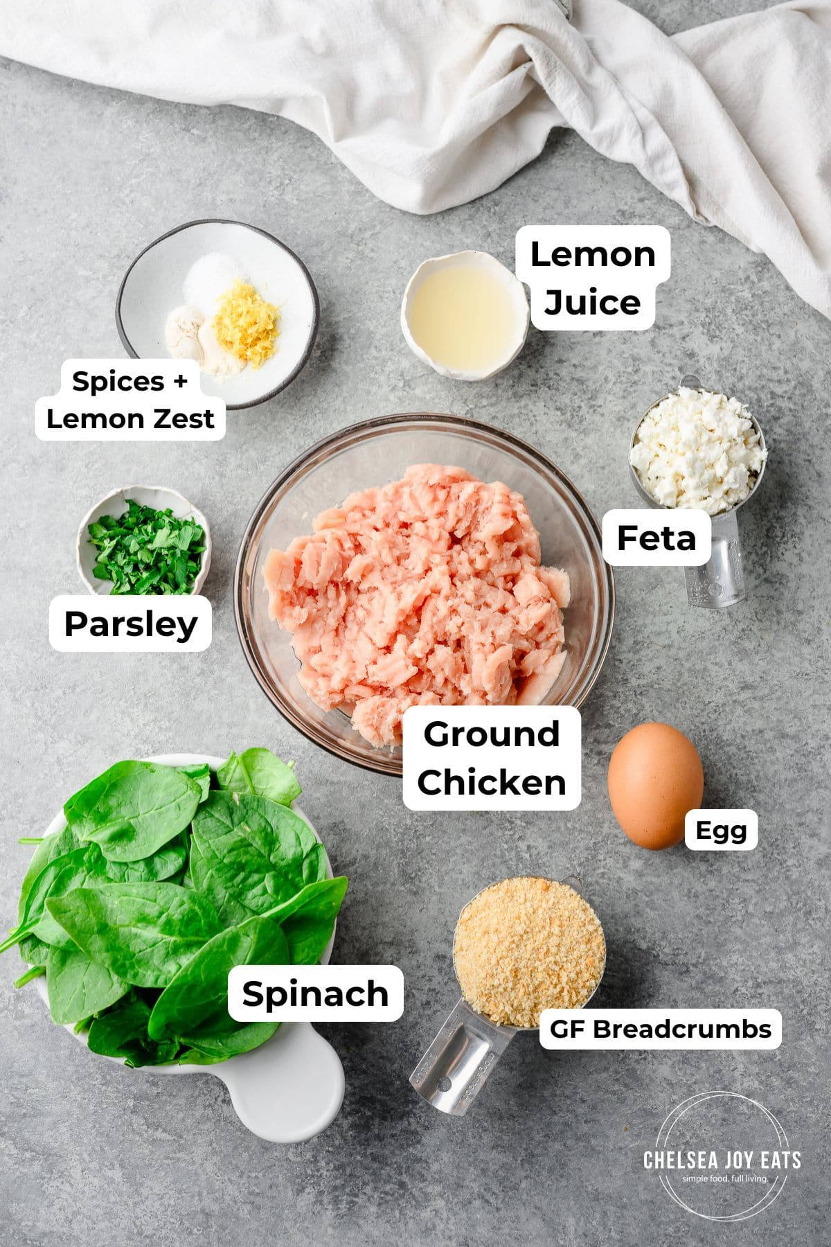 Ingredients for gluten free chicken meatballs with text labels