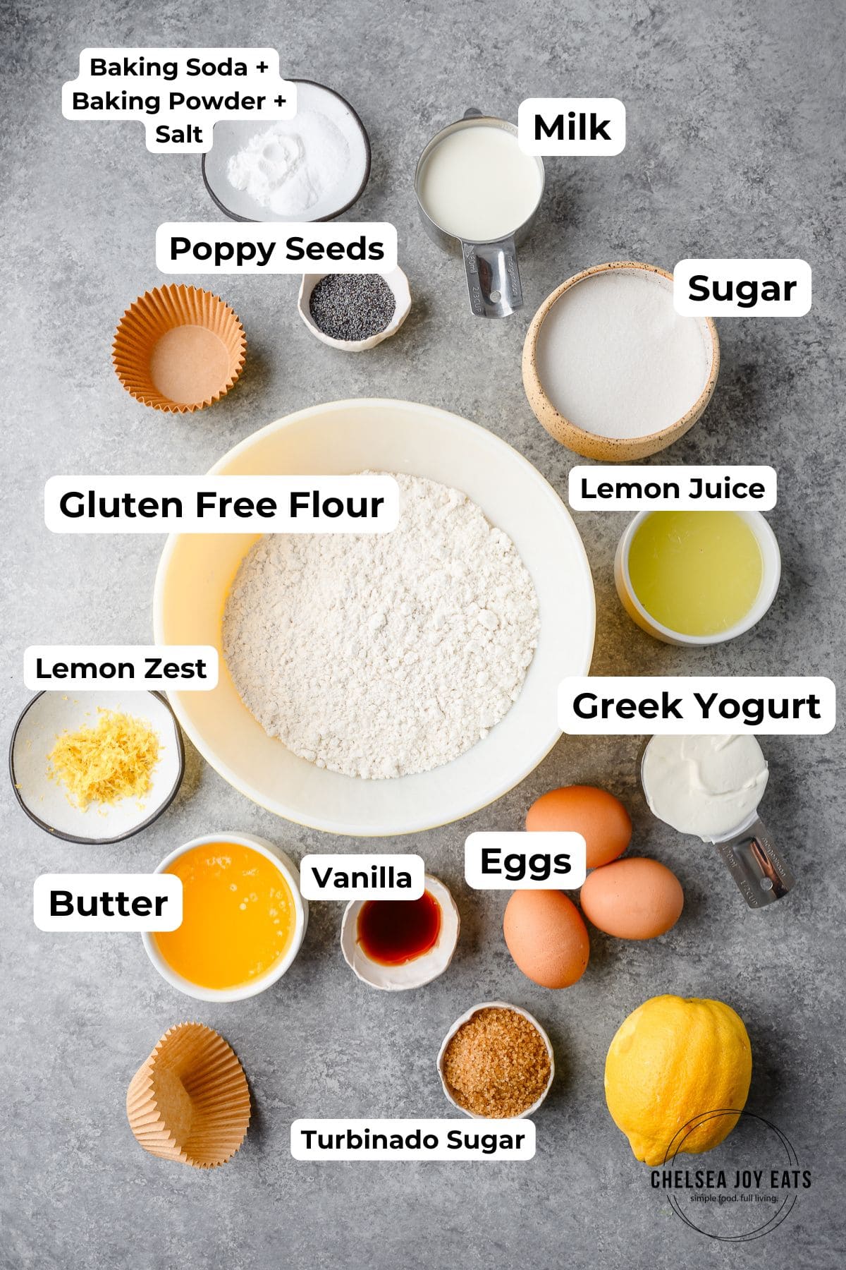 Bowls with ingredients for gluten free lemon poppyseed muffins, with text labels
