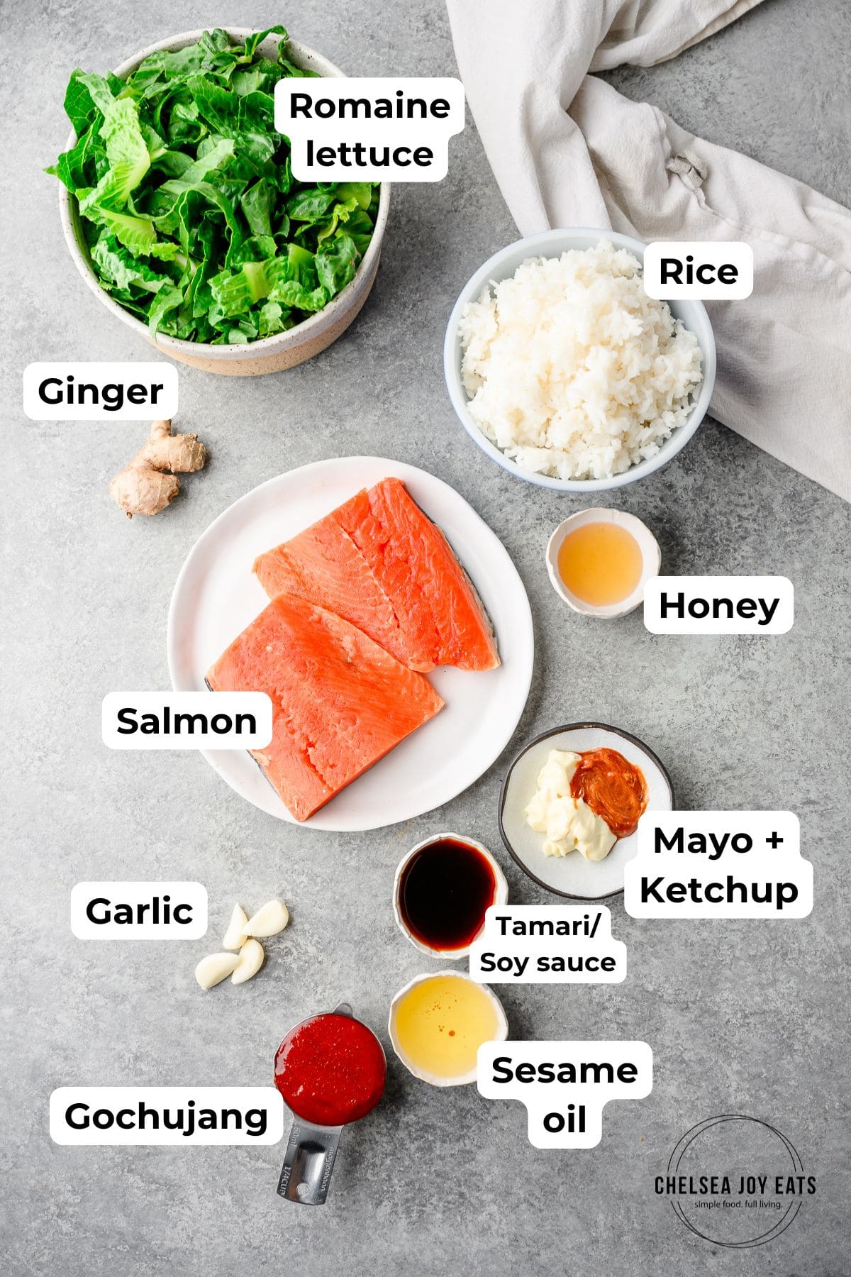 Ingredients for spicy gochujang salmon bowls and rice, with text labels for each ingredient