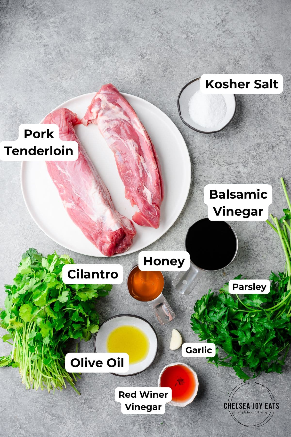 Ingredients needed for smoked pork tenderloin, with text labels
