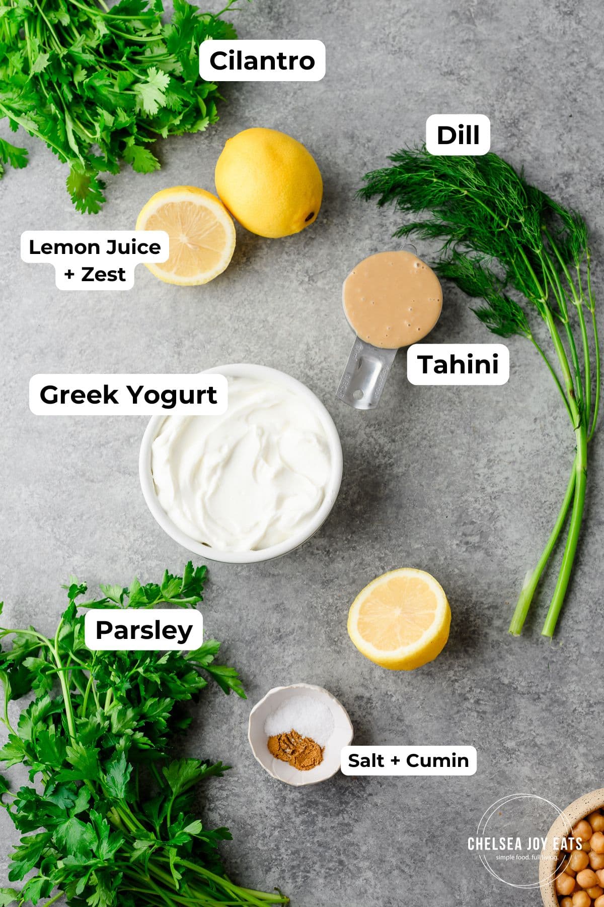 Ingredients for tahini yogurt dip with text labels