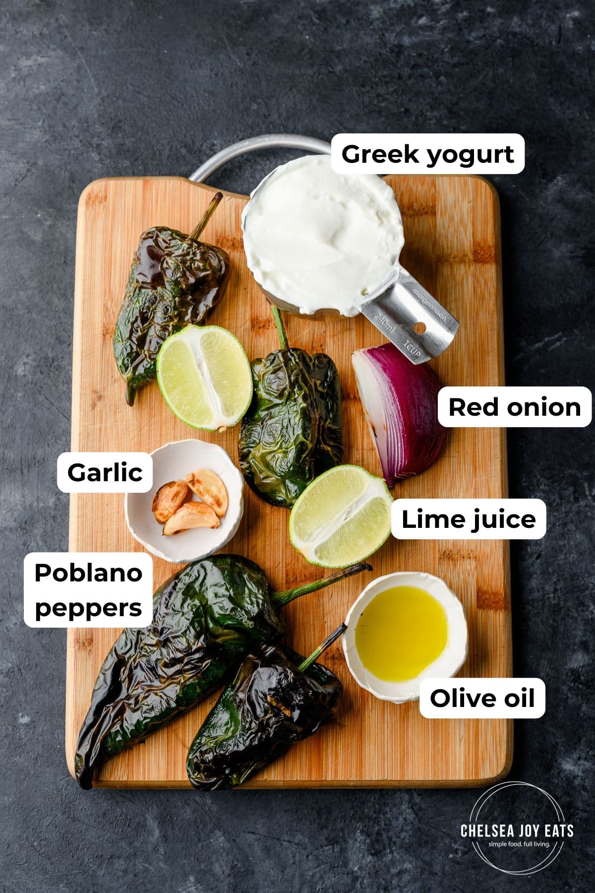 Ingredients for creamy Greek yogurt poblano sauce with text labels