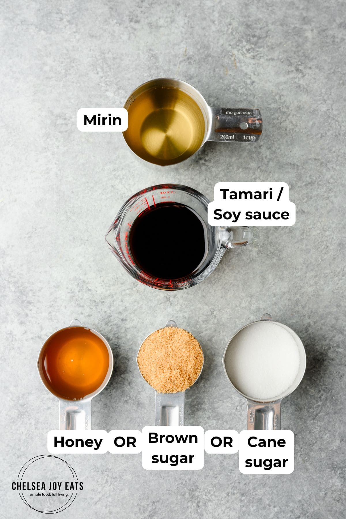 Ingredients for 3 ingredient homemade teriyaki sauce with text labels