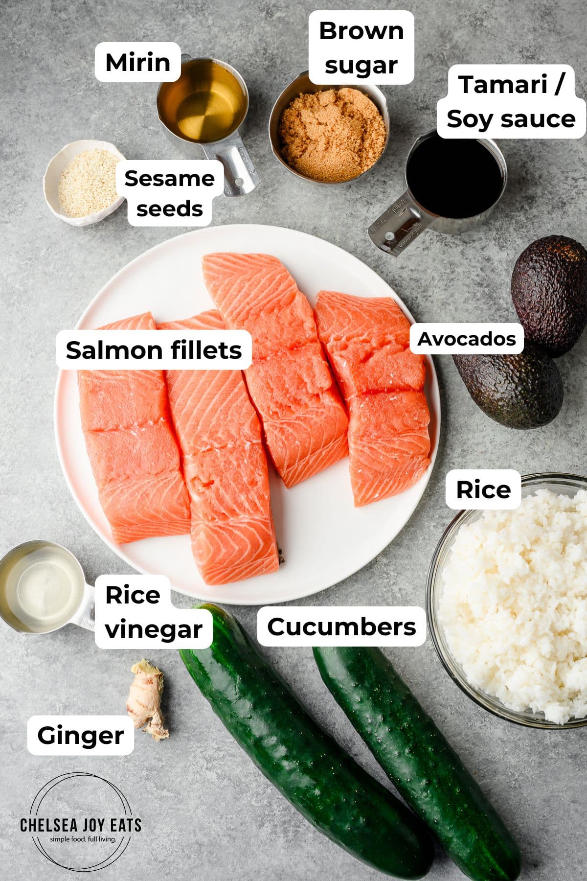 Ingredients for teriyaki salmon bowls with rice, cucumber, and avocado, with text labels