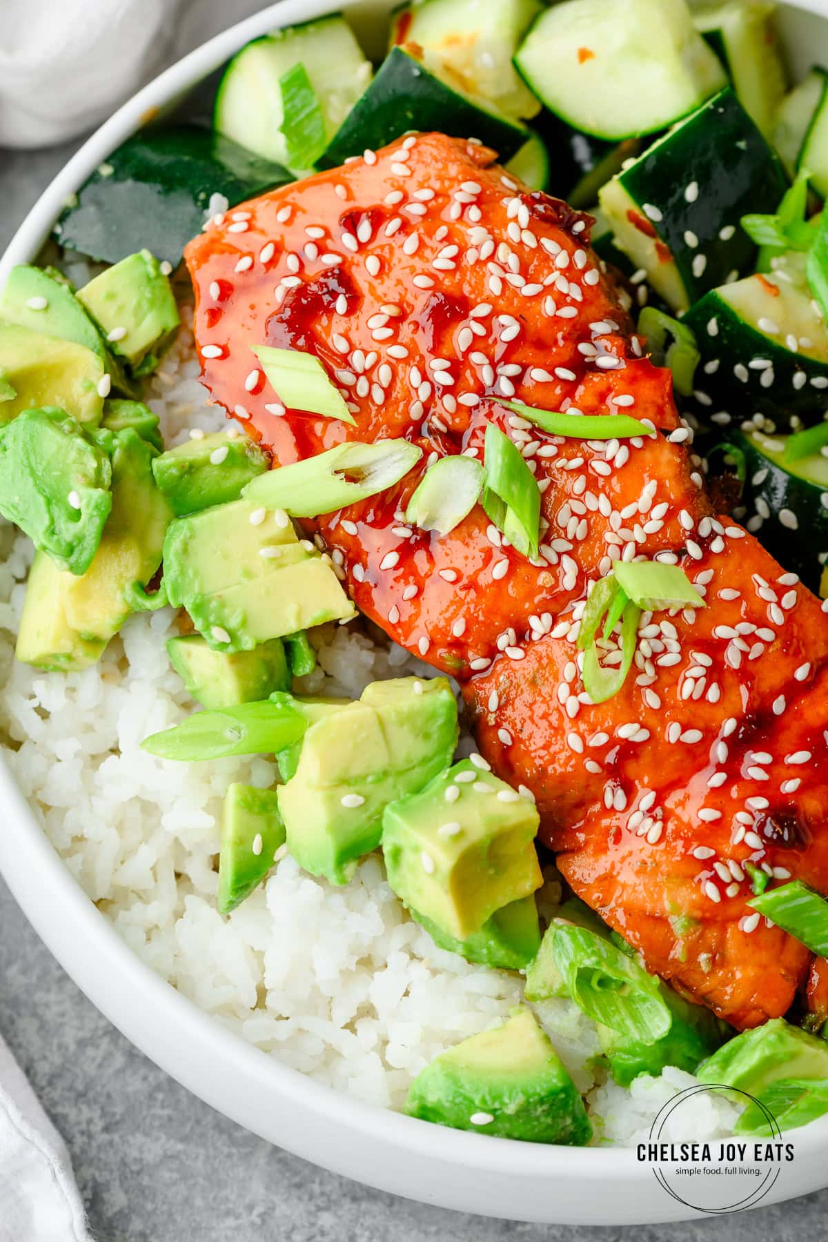 Closeup of a gluten free teriyaki salmon bowl made with homemade teriyaki sauce