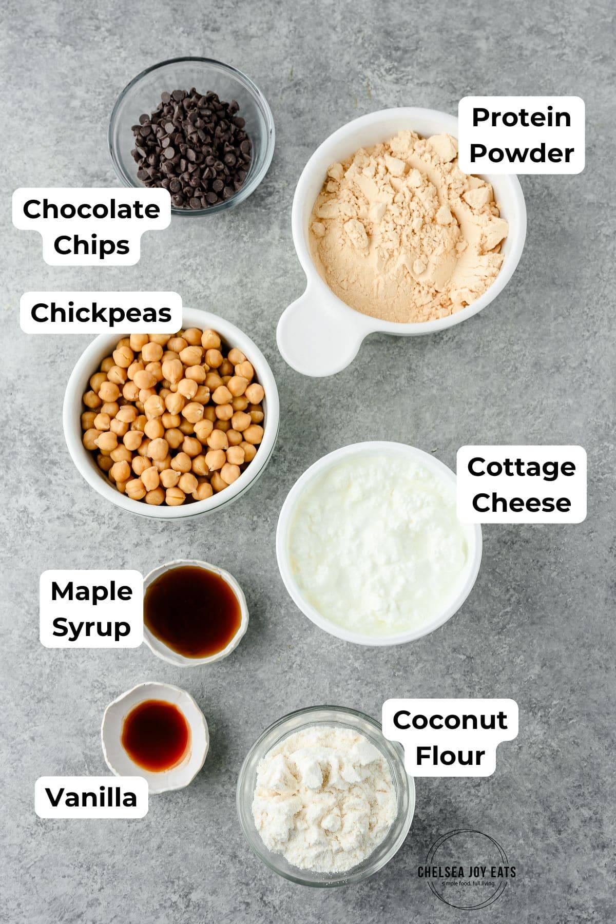 Ingredients for cottage cheese cookie dough without almond flour, with text labels for each ingredient