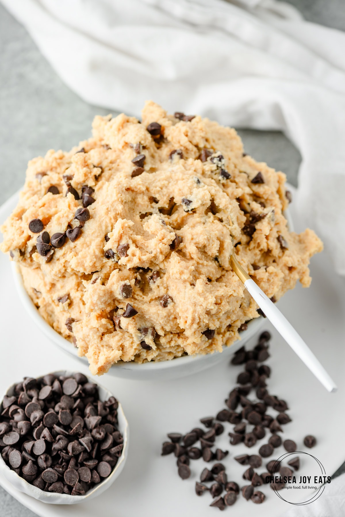 Closeup of a bowl of nut free cottage cheese cookie dough made without almond flour