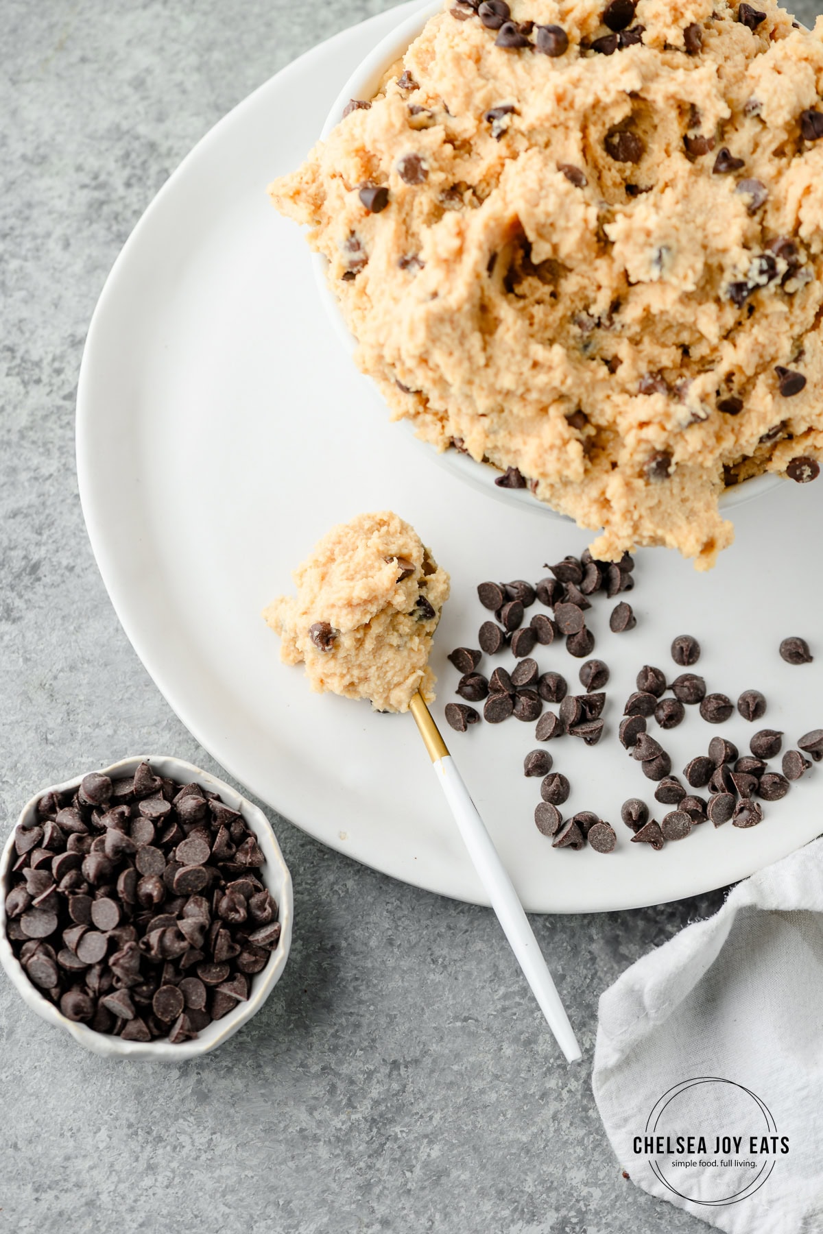 Closeup of cottage cheese chickpea cookie dough on a spoon