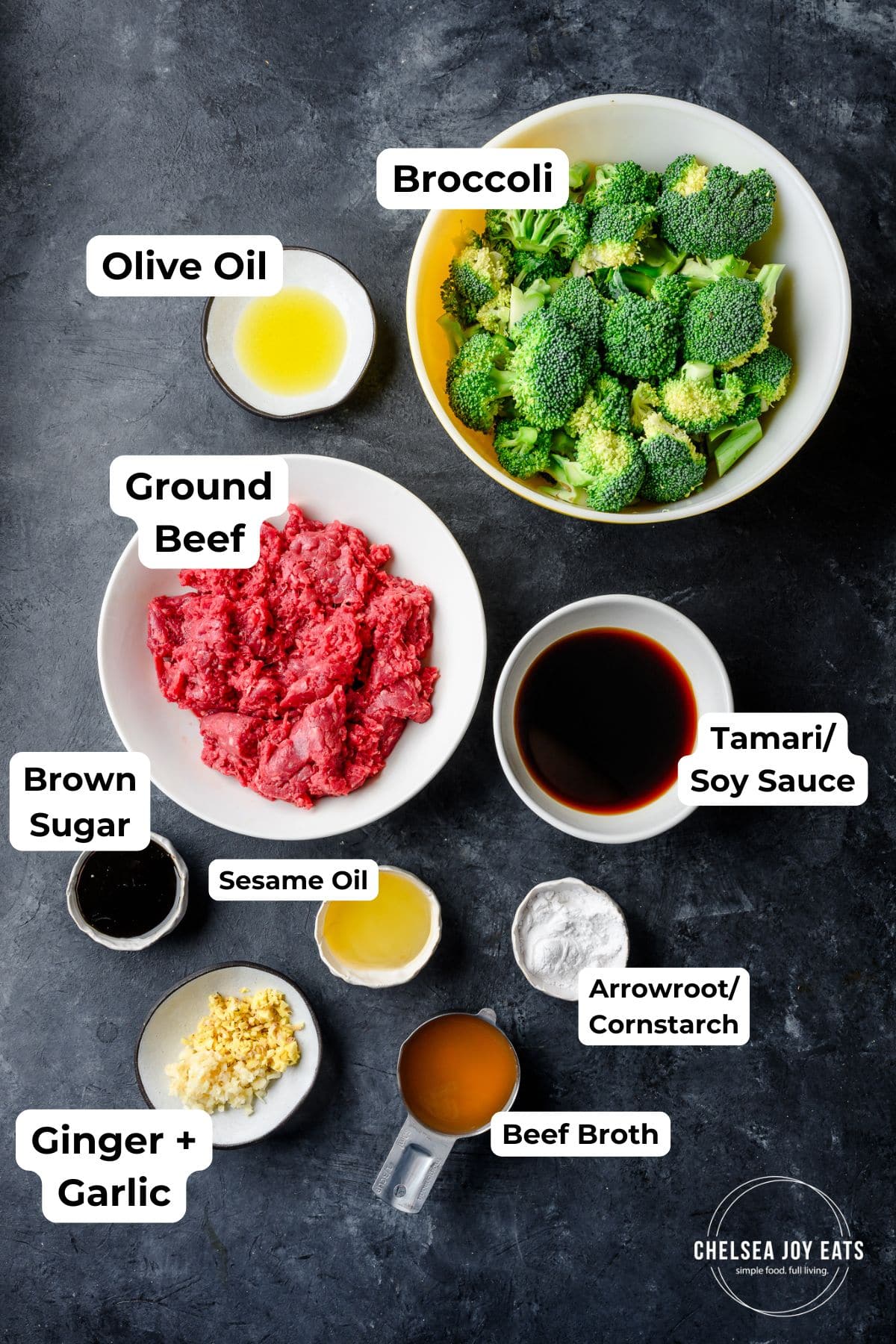 Ingredients for simple ground beef and broccoli stir fry with text labels for each ingredient