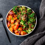 Bowl of ground beef and broccoli stir fry served with roasted sweet potatoes
