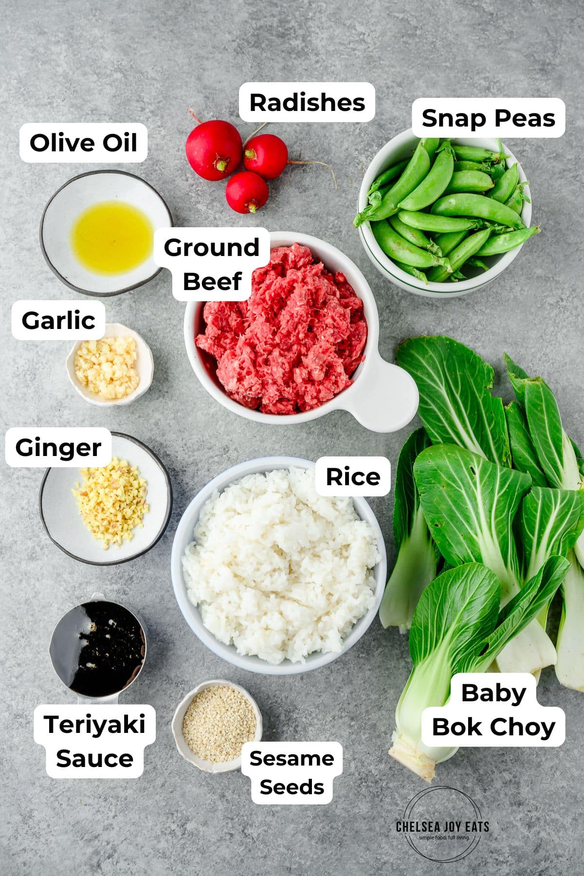 Ingredients for ground beef teriyaki bowls with text labels next to each ingredient