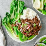 Ground beef teriyaki bowl with rice, snap peas, and Bok choy