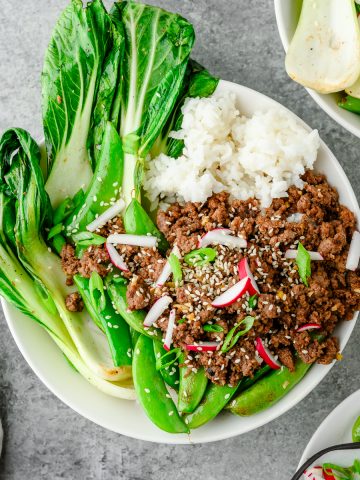 Ground beef teriyaki bowl with rice, snap peas, and Bok choy