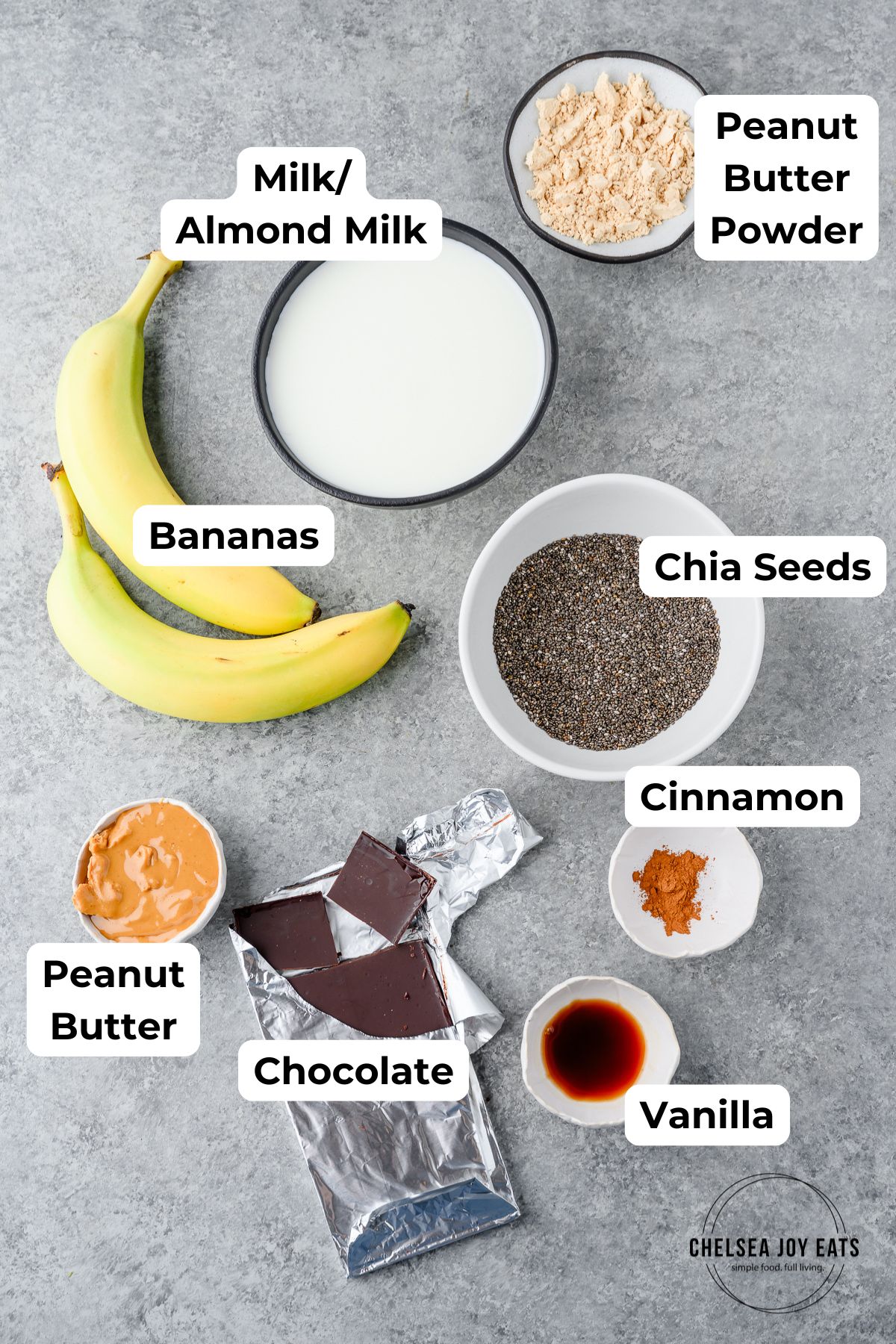Ingredients for banana and peanut butter chia pudding with text labels for each ingredient