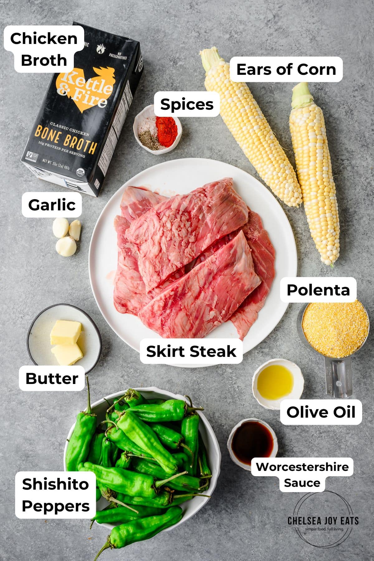 Ingredients for skirt steak with double-corn polenta, shishito peppers, and pan sauce