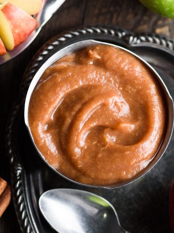 Overhead view of a dish of sugar free apple butter