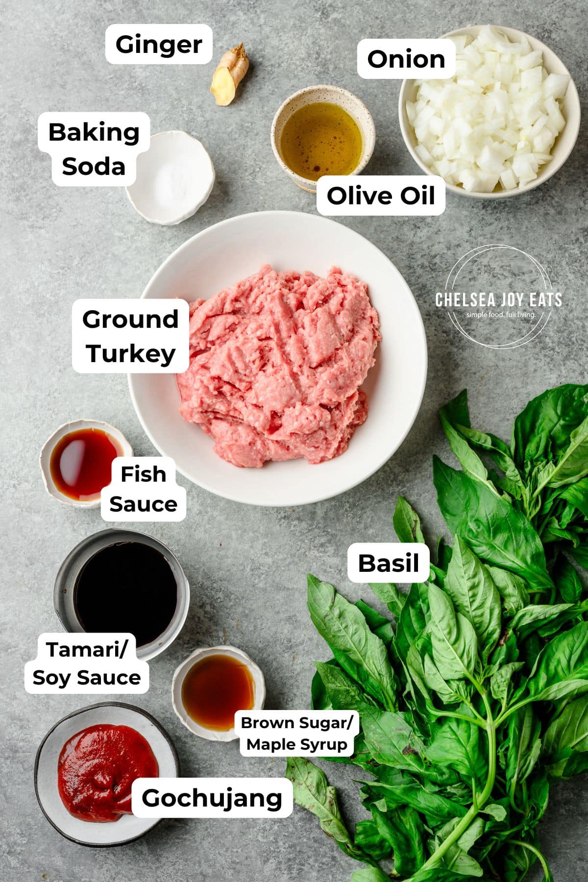 Ingredients for Thai-style basil ground turkey bowls, with text labels for each ingredient
