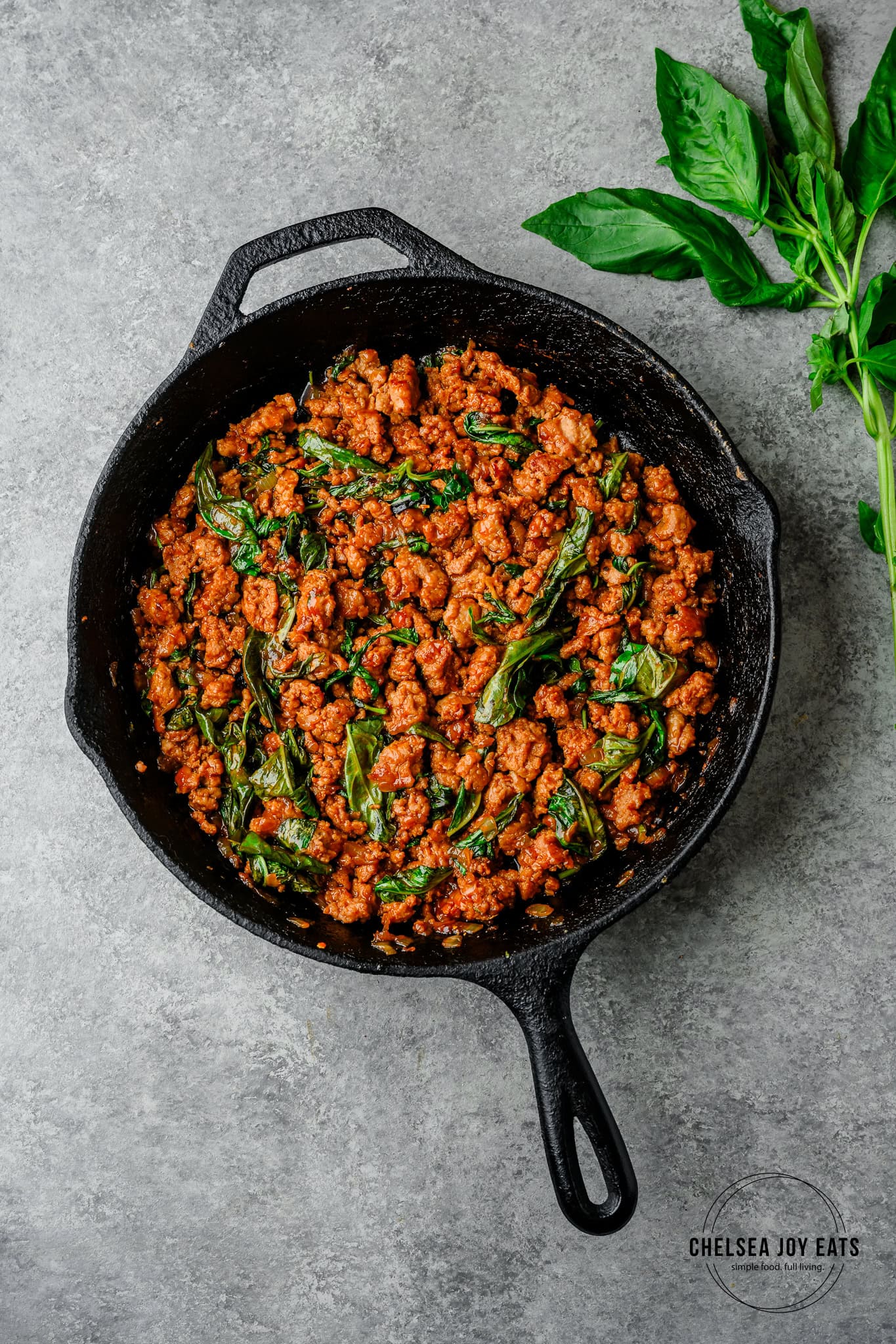 Cast iron skillet with basil ground turkey