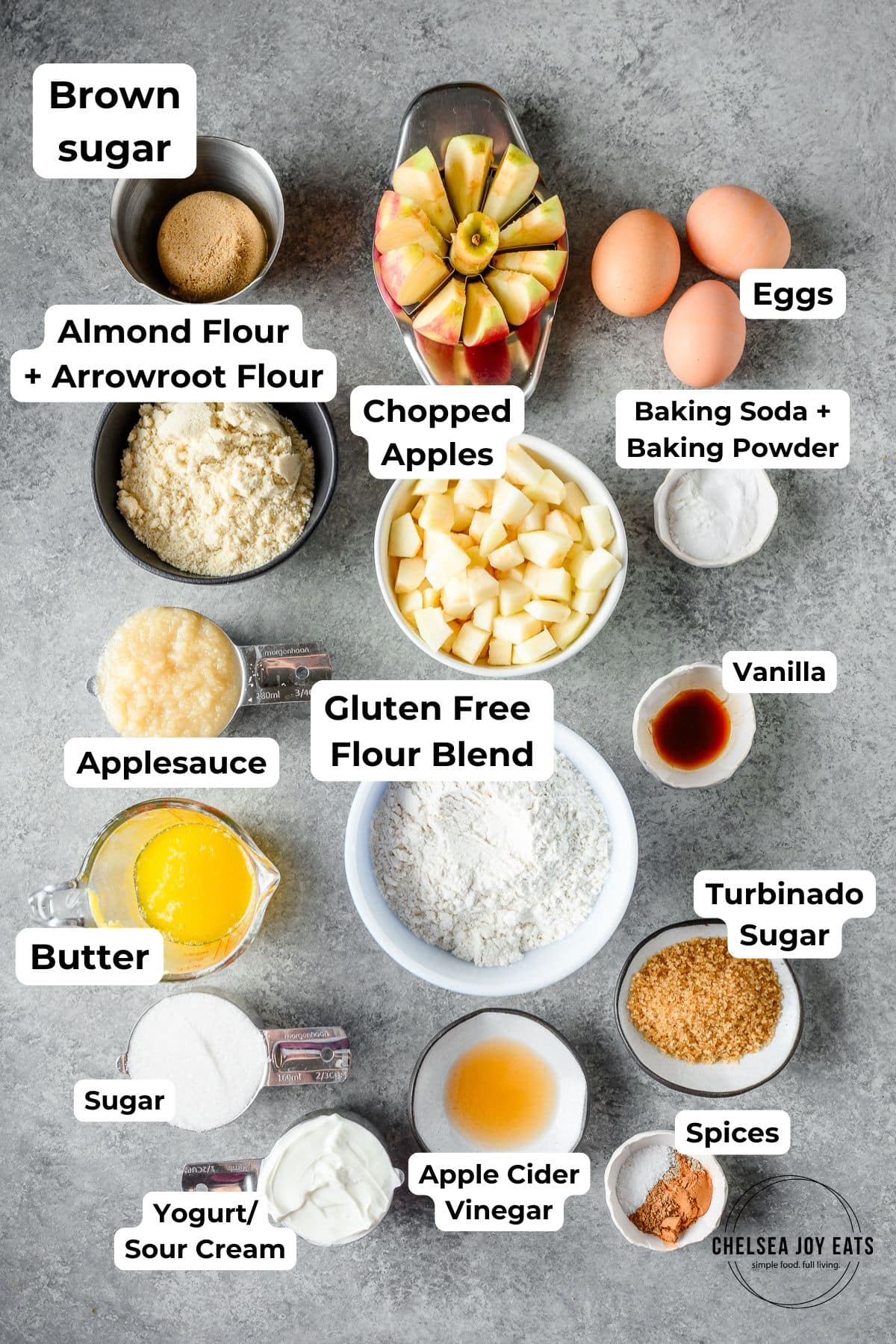 Ingredients for gluten free apple muffins with applesauce, with text labels for each ingredient