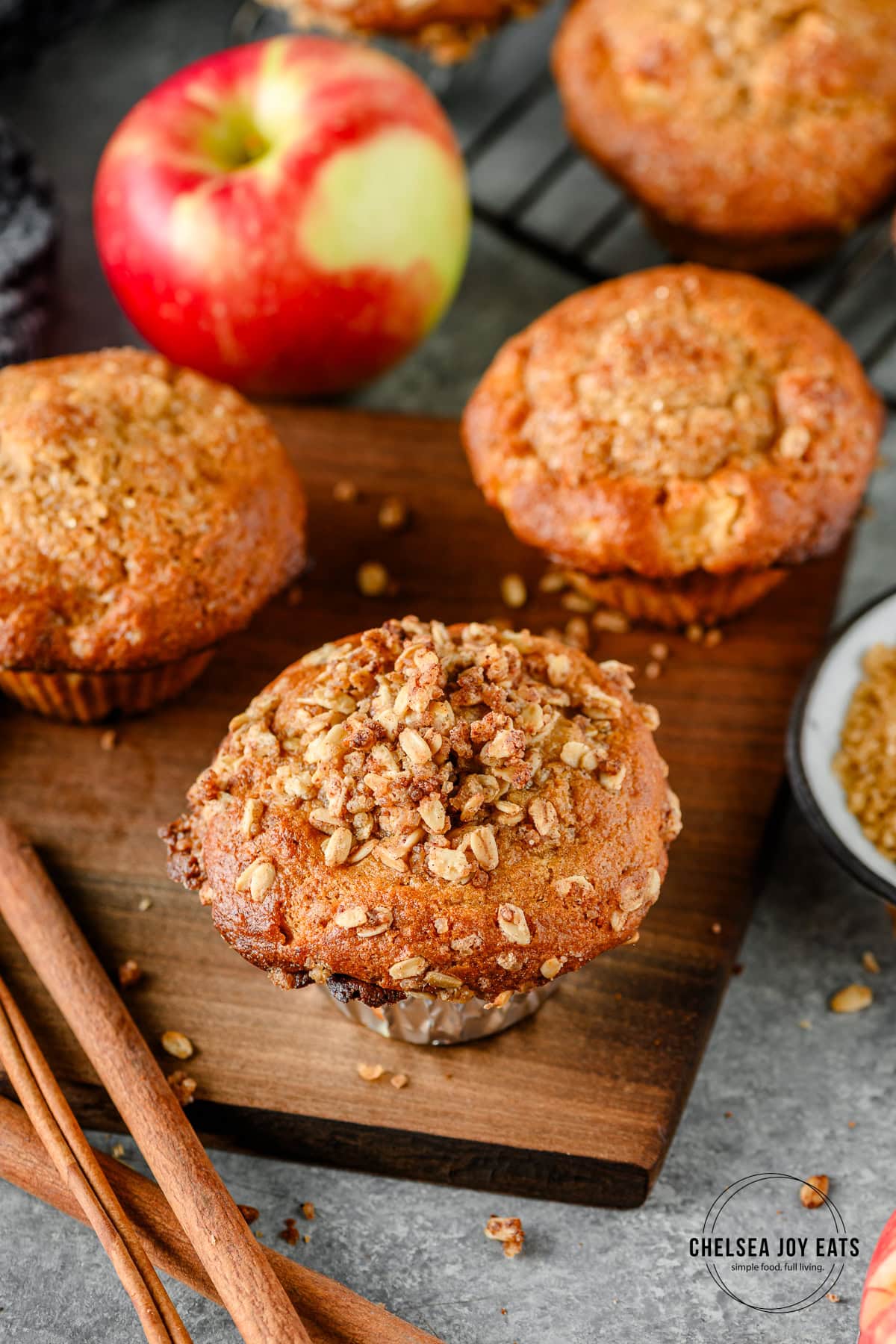 Closeup of a muffin with an oat streusel topping