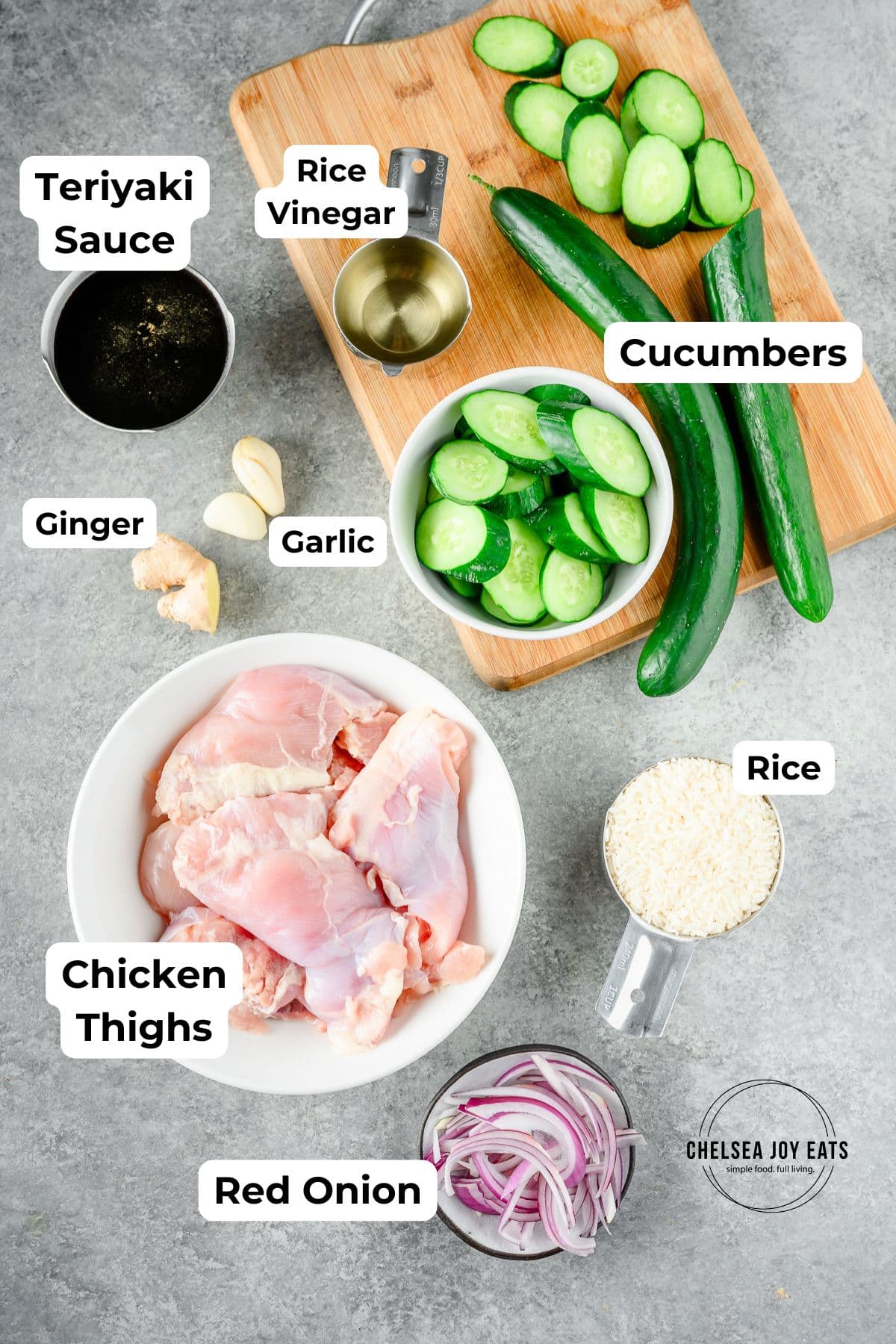Ingredients for teriyaki chicken bowls, with text labels for each ingredient