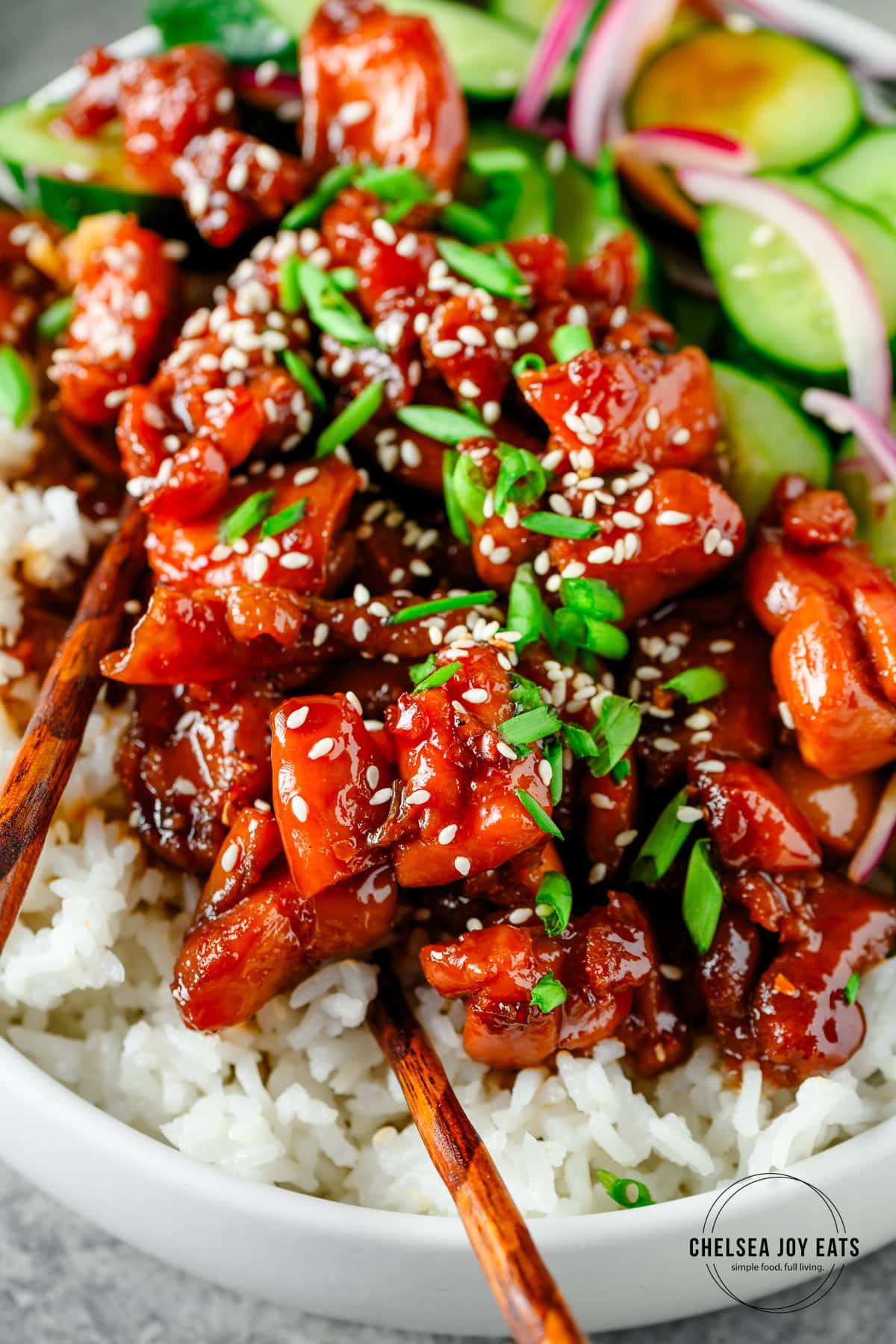 Closeup of homemade gluten free teriyaki chicken for weeknight dinners