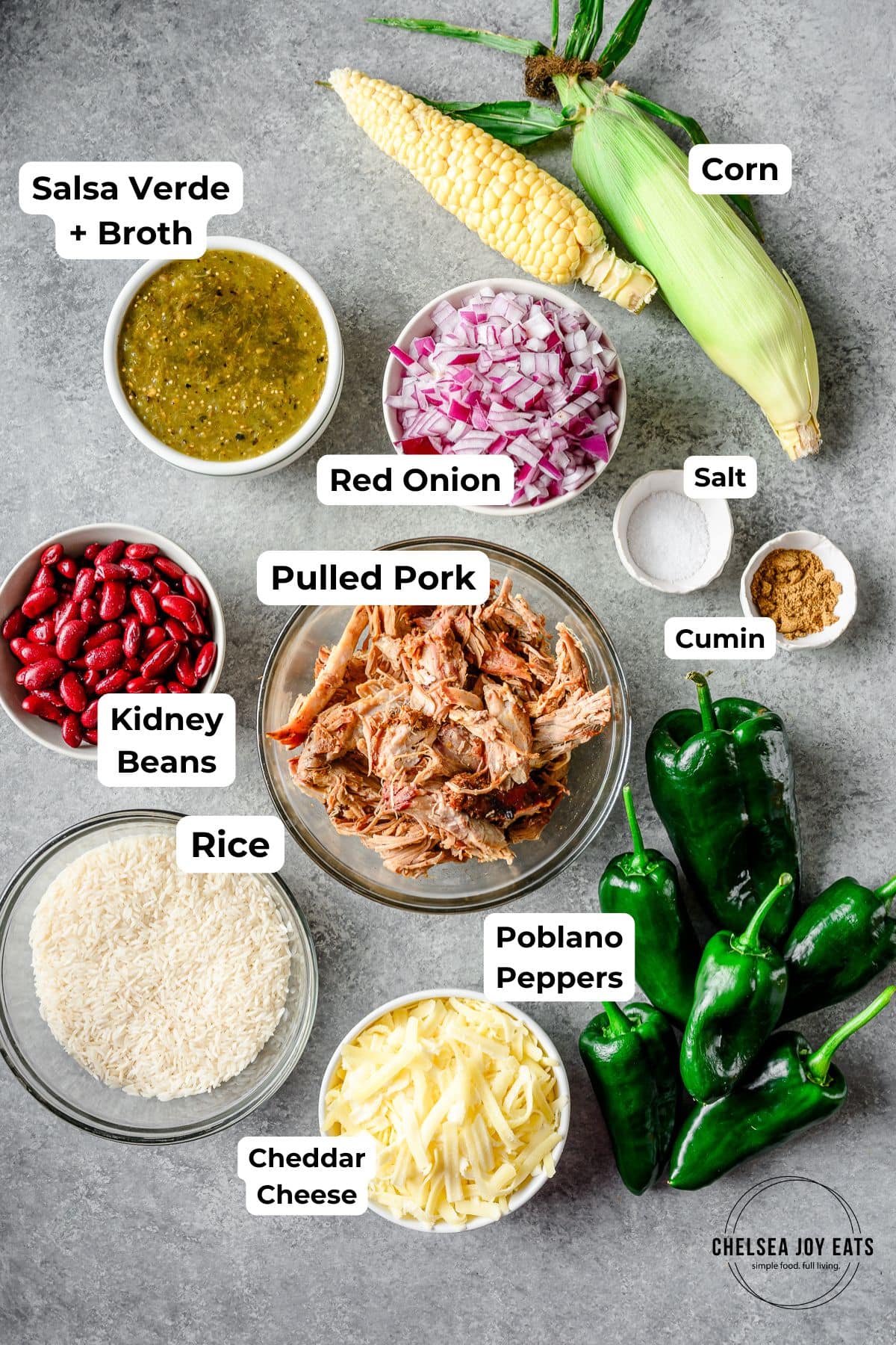 Ingredients for pulled pork casserole with poblanos and beans, with text labels for each