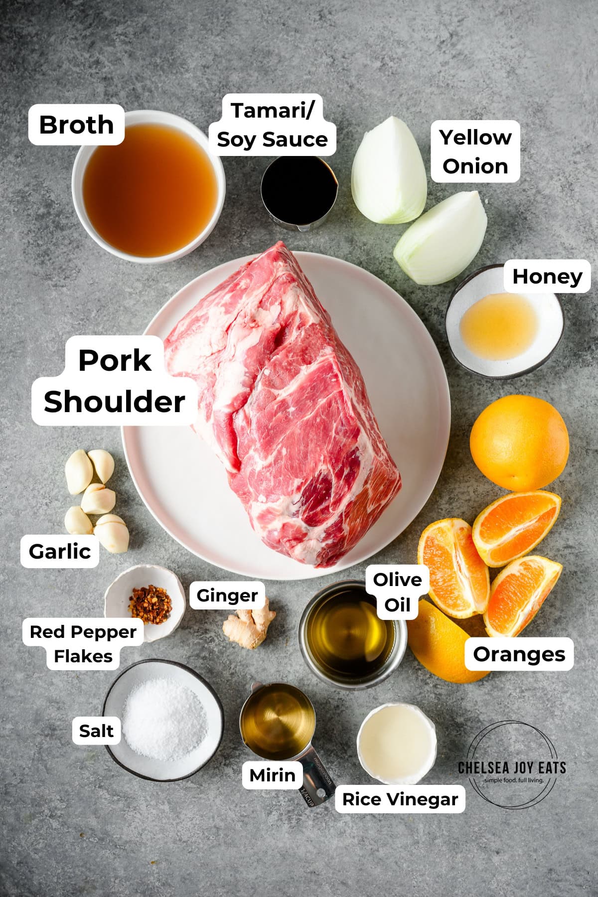 Ingredients for Citrus Braised Pork Shoulder with text labels for each ingredient