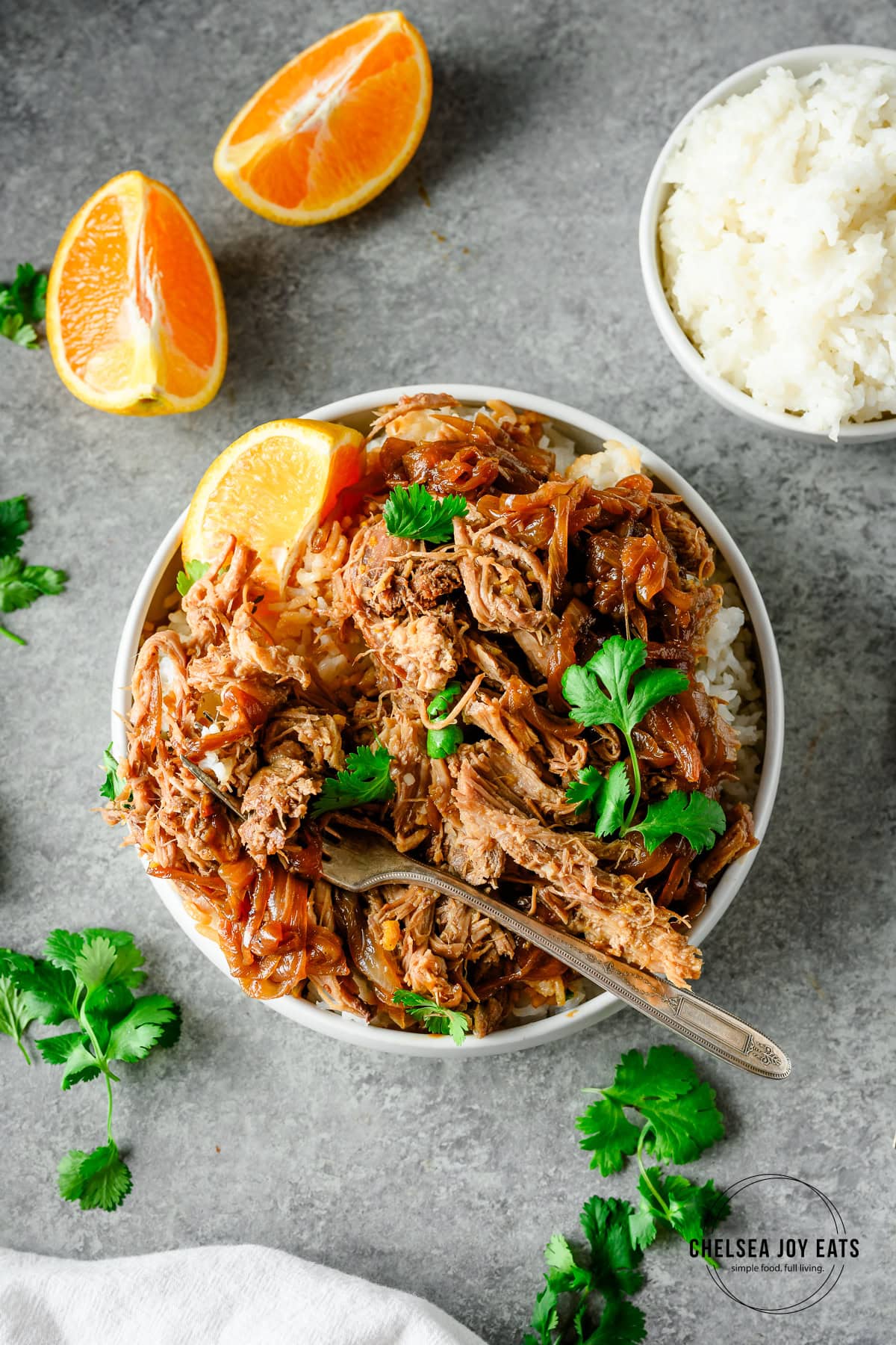 Overhead view of a serving of Orange Braised Pork Shoulder served over rice, with orange wedges, cilantro, and caramelized onions as garnish
