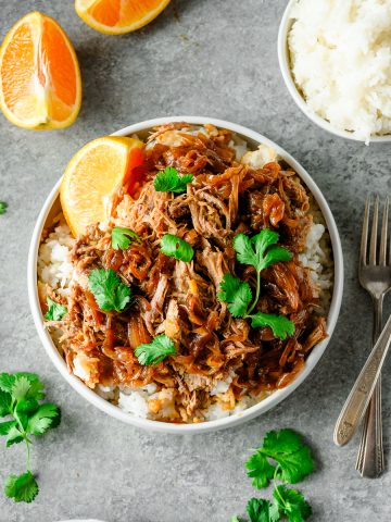 Overhead view of a bowl with braised pork shoulder served over rice, garnished with caramelized onions, cilantro, and an orange wedge.