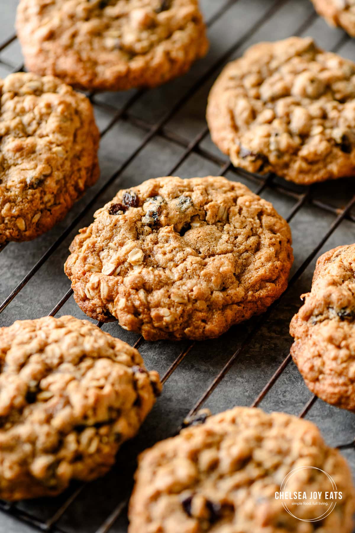 Closeup of a gluten free oatmeal raisin cookie cooling on a wire rack