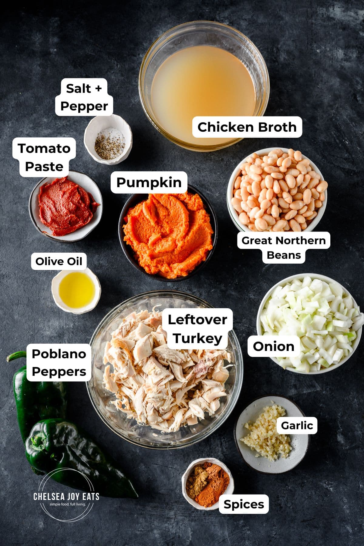 Ingredients for Turkey and Pumpkin Chili made with Leftovers, with text labels for each ingredient