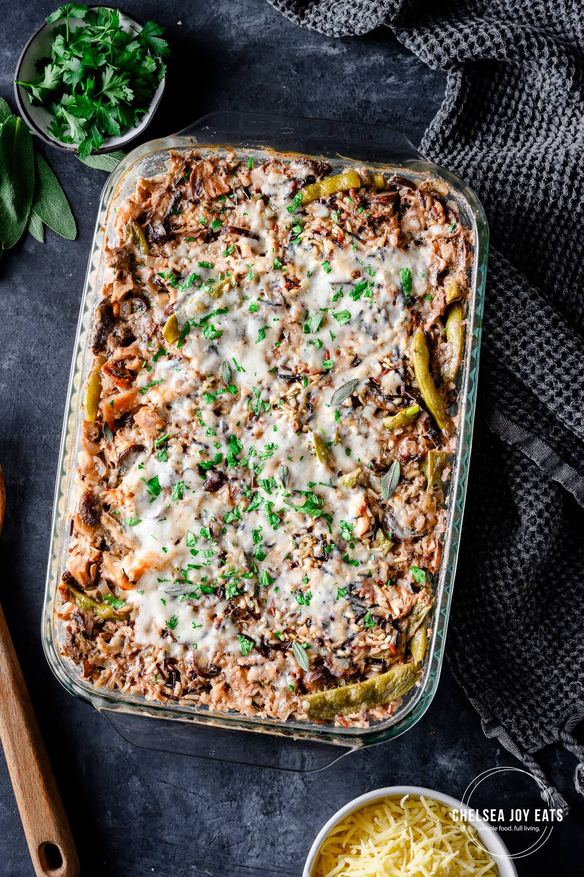 Overhead view of a 9x13 casserole dish with gluten free Leftover Turkey Wild Rice Casserole