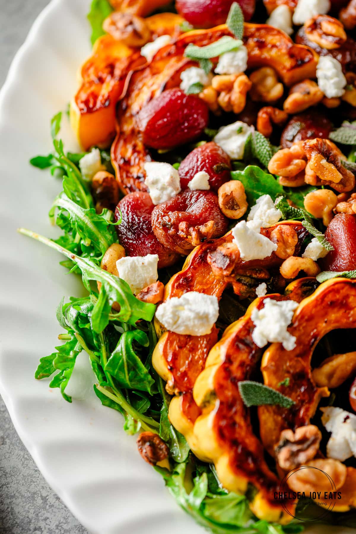 Closeup of roasted grape, delicata squash, and arugula salad with goat cheese and toasted walnuts