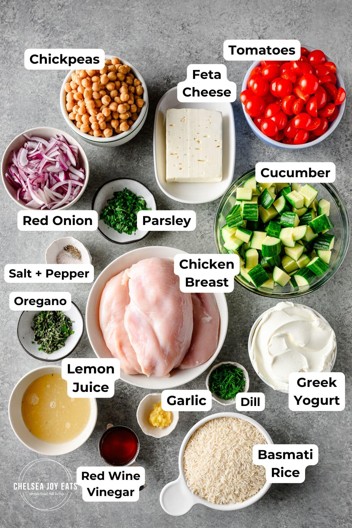 Ingredients for fresh chicken souvlaki bowls with homemade tzatziki sauce, with text labels next to each ingredient