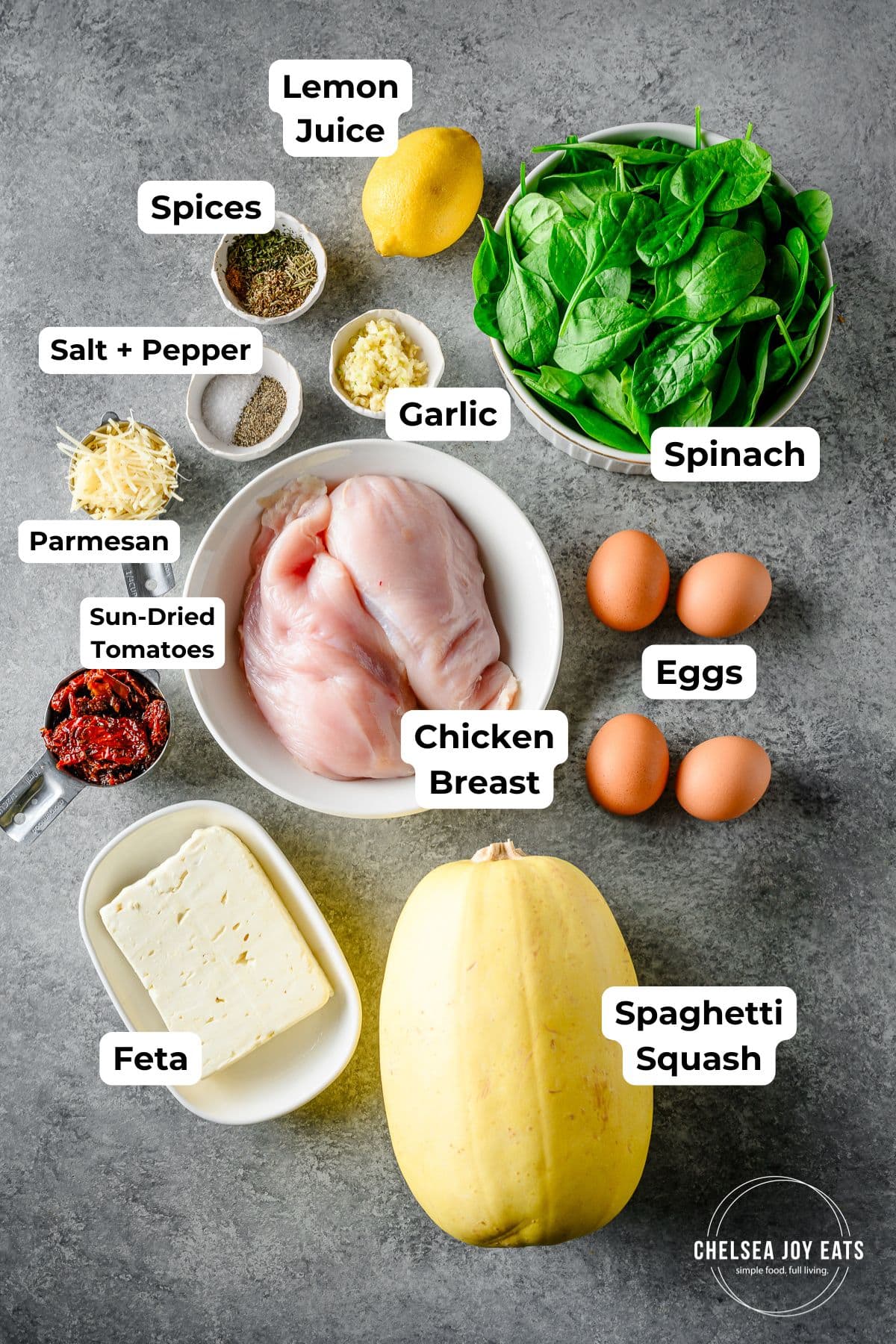 Ingredients needed for feta chicken spaghetti squash cassserole, with text labels for each ingredient
