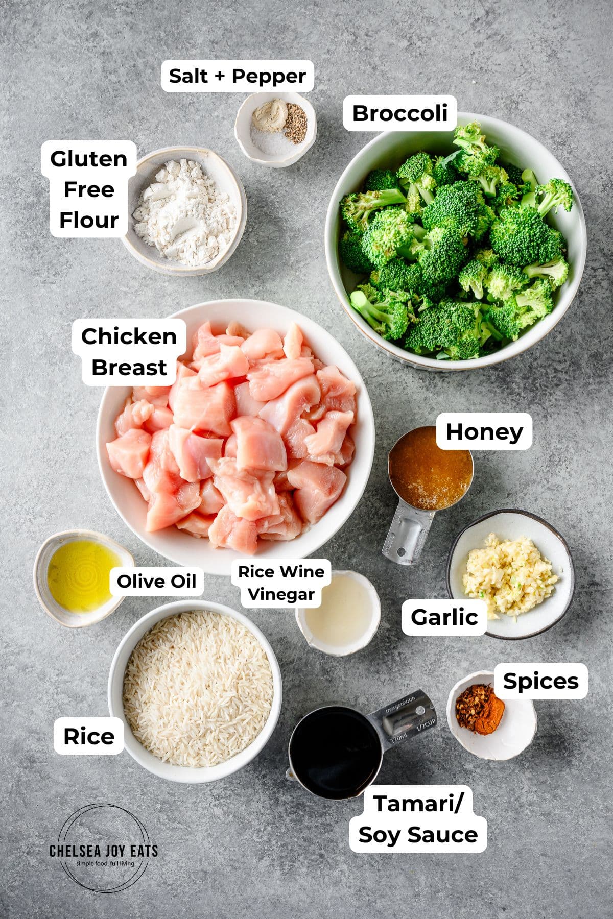 Ingredients for gluten free honey garlic chicken bowls, with text labels for each ingredient.