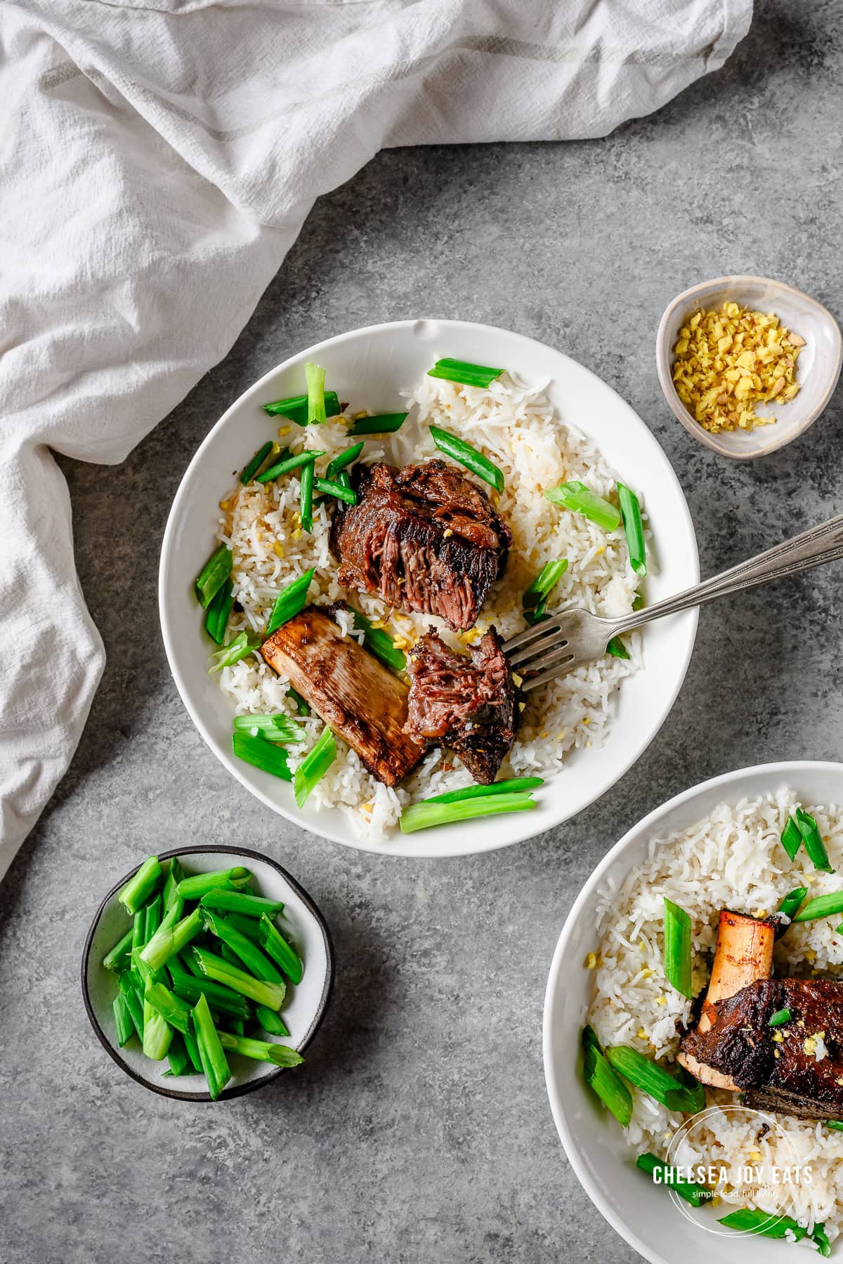 Bowls with servings of rice and braised Chinese short ribs, garnished with scallions and ginger with small bowls of sliced scallions and fresh minced ginger alongside.
