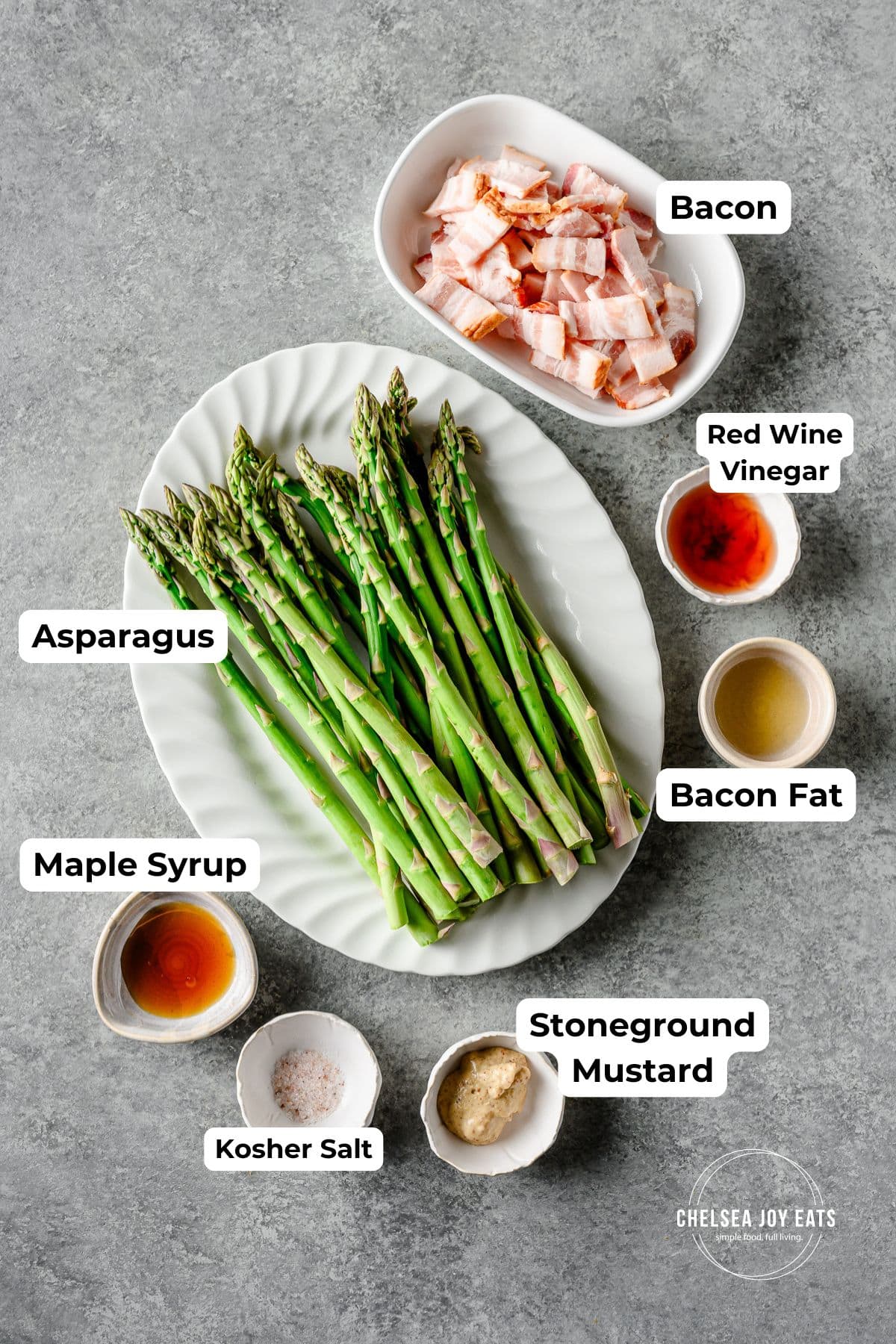 Ingredients for roasted asparagus with bacon and maple vinaigrette, with text labels for each ingredient.
