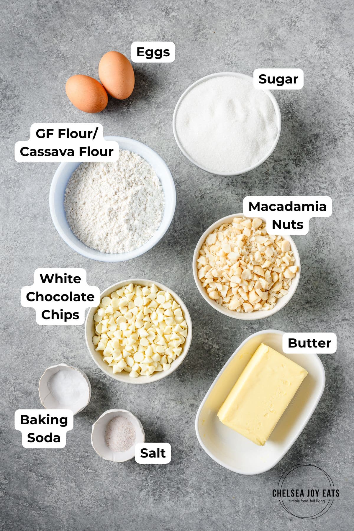Ingredients for gluten free white chocolate macadamia nut cookies with text labels for each.