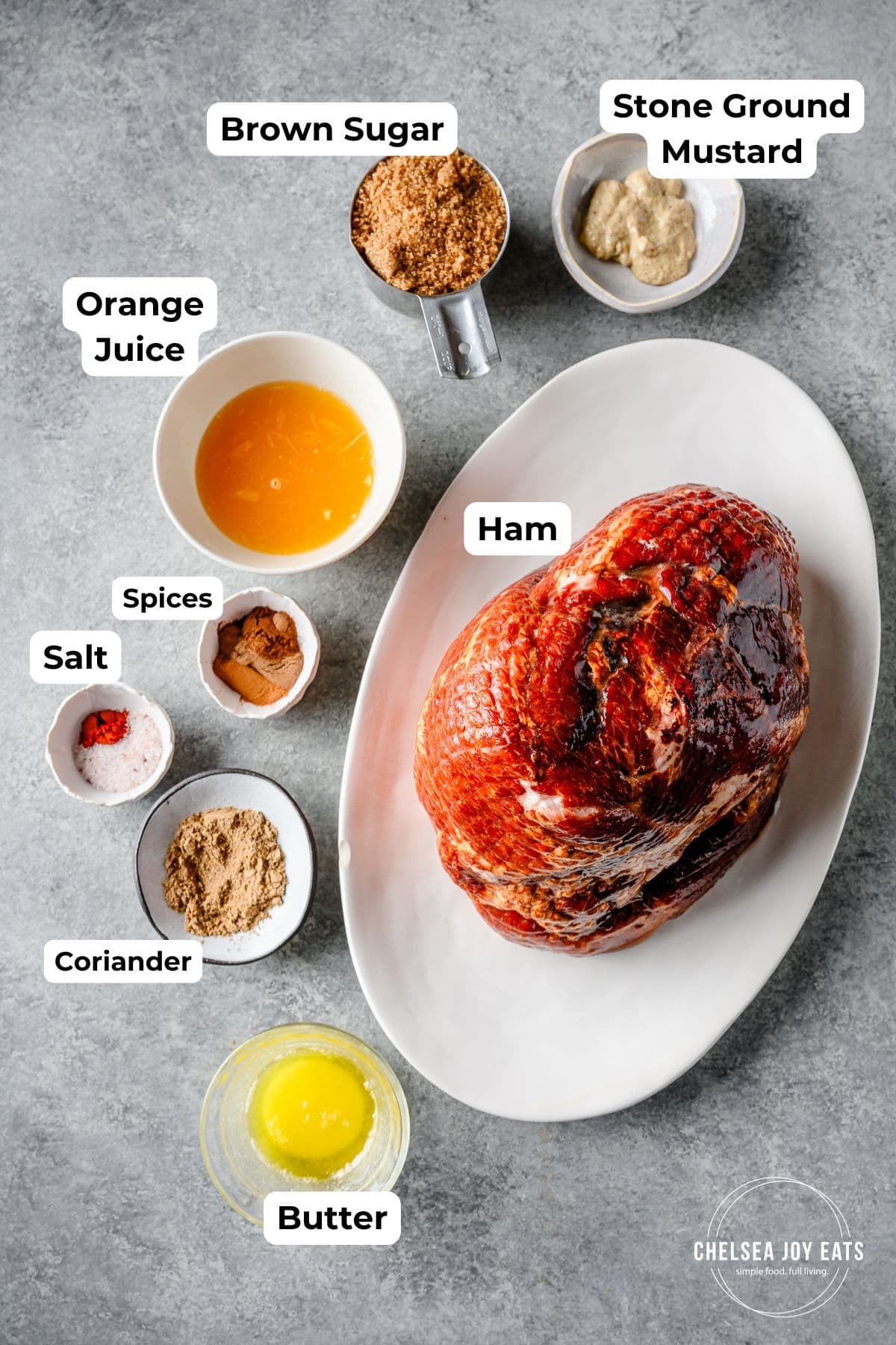 Ingredients for gluten free citrus ham glaze with text labels for each ingredient.