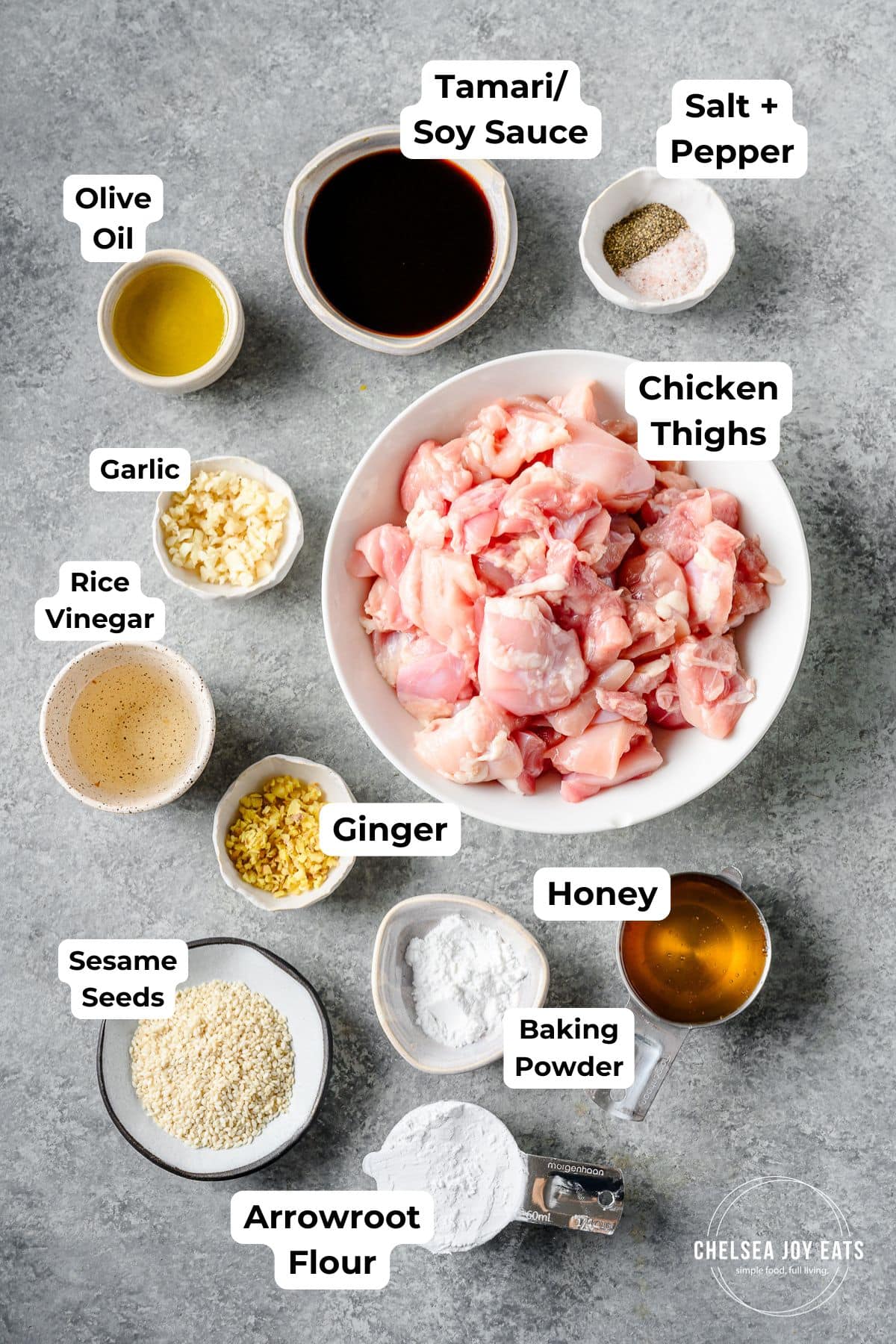 Ingredients for gluten free honey sesame chicken in individual bowls, with text labels for each ingredient.