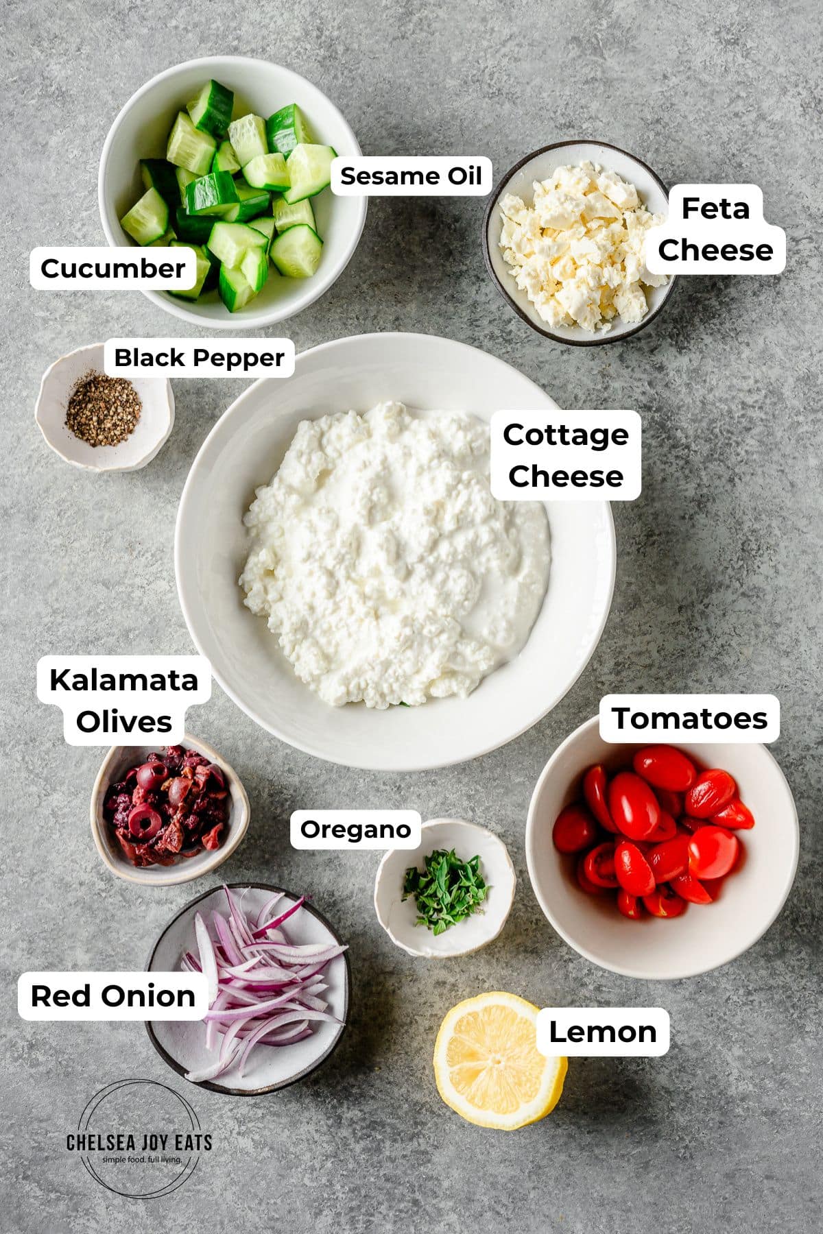 Ingredients for Greek cottage cheese bowls with text labels for each ingredient.