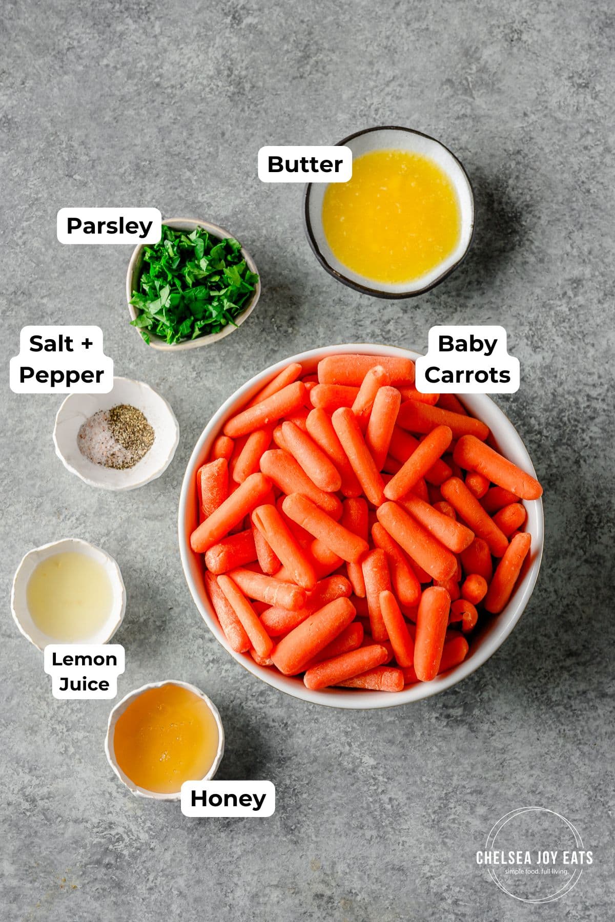 Ingredients for honey-roasted baby carrots, with text labels for each ingredient.